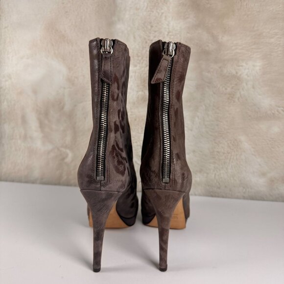 FURLA Leopard Print Peep Toe Ankle Boots 37.5 Brown Leather High Heel Stiletto - Picture 2 of 16